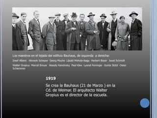 Los maestros en el tejado del edificio Bauhaus, de izquierda  a derecha:JosefAlbersHinnerkScheperGeorgMucheLászlóMoholy-Nagy  Herbert Bayer  Joost Schmidt Walter Gropius  Marcel BreuerWassily Kandinsky  Paul KleeLyonelFeiningerGuntaStölzlOskarSchlemmer1919Se crea la Bauhaus (21 de Marzo ) en la Cd. de Weimar. El arquitecto Walter Gropius es el director de la escuela.