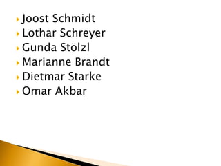  JoostSchmidt
 Lothar Schreyer
 Gunda Stölzl
 Marianne Brandt
 Dietmar Starke
 Omar Akbar
 