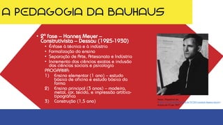 A PEDAGOGIA DA BAUHAUS
• 2ª fase – Hannes Meyer –
Construtivista – Dessau (1925-1930)
• Ênfase à técnica e à indústria
• Formalização do ensino
• Separação de Arte, Artesanato e Indústria
• Incremento das ciências exatas e inclusão
das ciências sociais e psicologia
PROGRAMA:
1) Ensino elementar (1 ano) – estudo
básico de oficina e estudo básico da
forma
2) Ensino principal (3 anos) – madeira,
metal, cor, tecido, e impressão artítico-
tipográfica
3) Construção (1,5 ano)
Meyer. Disponível em:
<https://www.archdaily.com.br/br/767265/construir-hannes-meyer>.
Acesso em 22 jan. 2017
 