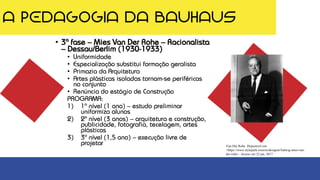 A PEDAGOGIA DA BAUHAUS
Van Der Rohe. Disponível em:
<https://www.stylepark.com/en/designer/ludwig-mies-van-
der-rohe>. Acesso em 22 jan. 2017
• 3ª fase – Mies Van Der Rohe – Racionalista
– Dessau/Berlim (1930-1933)
• Uniformidade
• Especialização substitui formação geralista
• Primazia da Arquitetura
• Artes plásticas isoladas tornam-se periféricas
no conjunto
• Renúncia do estágio de Construção
PROGRAMA:
1) 1º nível (1 ano) – estudo preliminar
uniformiza alunos
2) 2º nível (3 anos) – arquitetura e construção,
publicidade, fotografia, tecelagem, artes
plásticas
3) 3º nível (1,5 ano) – execução livre de
projetar
 