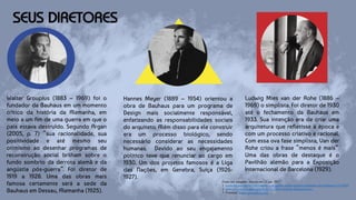 SEUS DIRETORES
Walter Groupius (1883 – 1969) foi o
fundador da Bauhaus em um momento
crítico da história da Alemanha, em
meio a um fim de uma guerra em que o
pais estava destruído. Segundo Argan
(2005, p. 7) “sua racionalidade, sua
positividade e até mesmo seu
otimismo ao desenhar programas de
reconstrução social brilham sobre o
fundo sombrio da derrota alemã e da
angústia pós-guerra”. Foi diretor de
1919 a 1928. Uma das obras mais
famosa certamente será a sede da
Bauhaus em Dessau, Alemanha (1925).
Hannes Meyer (1889 – 1954) orientou a
obra de Bauhaus para um programa de
Design mais socialmente responsável,
enfatizando as responsabilidades sociais
do arquiteto. Além disso para ele construir
era um processo biológico, sendo
necessário considerar as necessidades
humanas. Devido ao seu engajamento
politico teve que renunciar ao cargo em
1930. Um dos projetos famosos é a Liga
das Nações, em Genebra, Suíça (1926-
1927).
Ludwig Mies van der Rohe (1886 –
1969) o simplista. Foi diretor de 1930
até o fechamento da Bauhaus em
1933. Sua intenção era de criar uma
arquitetura que refletisse a época e
com um processo criativo e racional.
Com essa ova fase simplista, Van der
Rohe criou a frase “menos é mais”.
Uma das obras de destaque é o
Pavilhão alemão para a Exposição
Internacional de Barcelona (1929).
Fonte das imagens. Acesso em 21 jan. 2017.
1. www.dw.com/pt-br/1883-nasce-o-arquiteto-walter-gropius-fundador-da-bauhaus/a-3518662
2. https://www.archdaily.com.br/br/767265/construir-hannes-meyer
3. Pinterest. https://goo.gl/QX263j.
 
