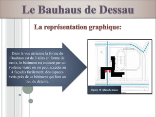 Dans la vue aérienne la forme du
Bauhaus est de 3 ailes en forme de
croix, le bâtiment est entouré par un
système viaire ou on peut accéder au
4 façades facilement, des espaces
verts prés de ce bâtiment qui font un
lieu de détente.
Figure 10 :plan de masse
 