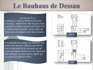 Au sous sol il y a
seulement 3 espaces différents qui sont
concierge, impression/ salle de gym et les
vestiaires ces deux espaces sont reliés l’un
a l’autre avec un couloir , & les salles de
classe qui sont séparées des deux derniers.
Sous-sol
Un ensemble des ateliers de différents arts
reliés avec une aire collective qui fait un
lieu de spectacle & de rencontre qui est
aussi en relation directe avec les logements
des étudiants/ un autre espace séparé qui
est encore les salle de classe
RDC
 
