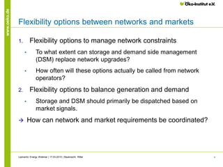 4
www.oeko.de
Flexibility options between networks and markets
1. Flexibility options to manage network constraints
• To what extent can storage and demand side management
(DSM) replace network upgrades?
• How often will these options actually be called from network
operators?
2. Flexibility options to balance generation and demand
• Storage and DSM should primarily be dispatched based on
market signals.
 How can network and market requirements be coordinated?
Leonardo Energy Webinar | 17.03.2015 | Bauknecht, Ritter
 