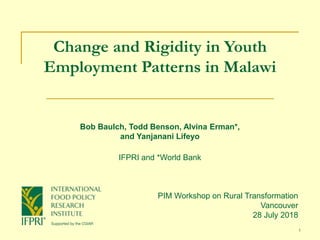1
Change and Rigidity in Youth
Employment Patterns in Malawi
PIM Workshop on Rural Transformation
Vancouver
28 July 2018
Bob Baulch, Todd Benson, Alvina Erman*,
and Yanjanani Lifeyo
IFPRI and *World Bank
 