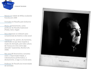 ZYGMUNT BAUMAN




Nasceu na cidade de Millau (sudoeste
francês) em 1944

Formado em filosofia pela Sorbonne

Atuou, primeiramente, como
professor de filosofia tradicional
(Platão, Kant, Hegel)

Seus interesses se voltaram para
compreensão da história e vida social

“Distanciei-me, porém, do marxismo,
sobretudo no que diziapara editar o estilo do subtítulo mestre
              Clique respeito à
noção de alienação, pois toda cultura
de massas era vista como algo
alienado” (Lipovetsky, Revista Cult,
2008)

Nos anos 80 desenvolveu conceitos
como a hipermodernidade, o
individualismo performático, o
deslizamento, a vaga e a era do vazio.

Professor de filosofia da Universidade
de Grenoble
 