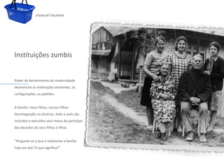 ZYGMUNT BAUMAN




Instituições zumbis


Poder de derretimento da modernidade
desmancha as instituições existentes, as
configurações, os padrões.
              Clique para editar o estilo do subtítulo mestre
A família: meus filhos, nossos filhos.
Desintegração no divórcio. Avôs e avós são
incluídos e excluídos sem meios de participar
das decisões de seus filhos e filhas.


“Pergunte-se o que é realmente a família
hoje em dia? O que significa?”


24/03/10
 