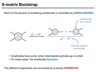 S-matrix Bootstrap
fixed by Lorentz

and locality
Much of the physics of scattering amplitudes is controlled by SINGULARITIES:
constrained
by Lorentz
• Amplitudes have poles when intermediate particles go on-shell.

• On these poles, the amplitudes factorize.
The diﬀerent singularities are connected by (Lorentz) SYMMETRY.
 