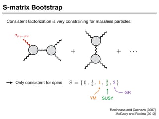 S-matrix Bootstrap
Consistent factorization is very constraining for massless particles:
µ1...µS
S = { 0 , 1
2 , 1 , 3
2 , 2 }
Only consistent for spins
YM
GR
SUSY
Benincasa and Cachazo [2007]

McGady and Rodina [2013]
 