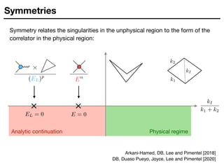 Symmetries
Symmetry relates the singularities in the unphysical region to the form of the
correlator in the physical region:
En
Analytic continuation Physical regime
Arkani-Hamed, DB, Lee and Pimentel [2018]
DB, Duaso Pueyo, Joyce, Lee and Pimentel [2020]
 