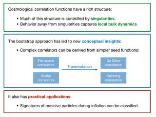 • Much of this structure is controlled by singularities.

• Behavior away from singularities captures local bulk dynamics.
Cosmological correlation functions have a rich structure:
The bootstrap approach has led to new conceptual insights:
• Complex correlators can be derived from simpler seed functions:
Flat space 

correlators Transmutation
De Sitter

correlators
Scalar

correlators
Spinning

correlators
It also has practical applications:
• Signatures of massive particles during inflation can be classified.
 