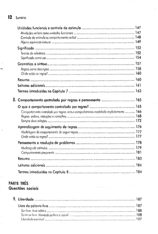 12 Sumário
Unidades funcionais e controle de estímulo...............................................................147
Atividades verbais como unidades funcionots........................................................................ 147
Controle de estímulonocomportamento verbal.....................................................................148
Alguns equívocos comuns...................................................................................................149
Significado........................................................................................ ...............................152
Teorios de referência.................................................................................... .....................152
Significado como uso..........................................................................................................154
Gramática e sintaxe........................................................................................................ 157
Regras como descrições........................................................................................................ 158
Onde estão as regras?..................................................................... .....................................160
Resumo................................................................................................................................160
Leituras adicionais...............................................................................................................161
Termos introduzidos no Capítulo 7 .................................................................................163
8, Comportamento controlado por regras e pensamento..........................................165
O que é comportamento controlado por regras?....................................................... 165
Comportamento controladopor regras versus comportamentomodeíado implicitamente..............166
Regras: ordens, instruções e conselhos.................................................................................... 168
Sempre duas relações............................................................................................................172
Aprendizagem de seguimento de regras.......................................................................176
Modelagem docomportamento de seguir regras.................................................................. 177
Onde estão as regras?.......................................................................................................... 177
Pensamento e resolução de problemas...................................................................... 178
Mudonça de estímulos.......................................................................................................... 179
Comportamento precorrenfe..................................................................................................181
Resumo................................................................................................................................183
Leituras adicionais............................................................................................................. 184
Termos introduzidos no Capítulo 8 ................................................................................. 184
PARTE TRÊS
Q uestões so ciais
9. Liberdade........................................................................................................................... 187
Usos da palavra livre.......................................... ............................................................... 187
Ser livre: íivre-arbífrio.......................................................................................................... 188
Senfir-se fivre; liberdadepoíítica e so cia l............................................................................... 188
Liberdade espiriíual............................................................................................................ 197
 