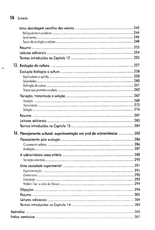 14 Sumário
Uma abordagem científica dos valores..........................................................................243
Reforçadores e punidores...................................................................................................... 244
Senfímenlos.......................................................................................................................246
Teoria do evolução evaíores............................................................................................... 248
Resumo............................................................................................................................ 253
Leituras adicionais............................................................. .............................................254
Termos introduzidos no Capítulo 12 ............................................................................. 255
13. Evolução da cultura......................................... .................. .......................... ................257
Evolução biológica e cultura.............................................................................................258
Replicadores e aptidão.......................................................................................... ............258
Sociedades................................................................................................... ......................260
Definição de culfuro.......................................................................................................... 261
Traços que permííemo cultura.............................................................................................263
Variação, transmissão e seleção.................................................................................,.267
Variação............................................................................................................................. 268
Transmissão......................................................................................................................... 273
Seleção.............................................................................................................................. 276
Resumo .......................................................................................................................... 281
Leituras adicionais.............................................................................................................. 283
Termos introduzidos no Capítulo 1 3 ...................................................................... ...... 284
14. Planejamento culSural: experimentação em prol da sobrevivência.....................285
Planejamento pela evolução......... ...................................... ............................................286
Cruzamento seletivo..............................................................................................................286
Avaliação............................................................................................................ ................287
A sobrevivência como critério..........................................................................................288
Variação orientada...............................................................................................................290
Uma sociedade experimental.......................................................................................291
Experimentação....................................................................................................................291
Democracia......................................................................................................................... 292
Felicidade ......... .............. ...................................................................................................293
WaldenTwo: a visãò de Skinner.......... ............................... ...............................................294
ObjeçÕes..............................................................................................................................296
Resumo................................................................................................................................ 302
Leituras adicionais.......................................................................................................... 304
Termos introduzidos no Capítuio 14................................................................................304
Apêndice........................................................................................................................................ 305
índice remissivo ............................................................................................................................307
 