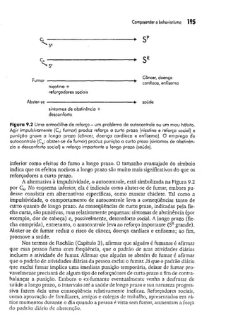 Compreender obehaviorismo i f s
c, * sp
* SR
Fumar
cardíaca, enfisema
Câncer, doença
nicotina +
reforçadores sociais
Abster*se saúde
sintomas de abstinência +
desconforto
Figura 9.2 Uma armadilha de reforço - um problema de autocontrole ou um mau hábito.
Agir impulsivamente (C,; fumar) produz reforço a curto prazo (nicotina e reforço social) e
punição grave a longo prazo (câncer, doença cardíaca e enfisema). O emprego de
autocontrole (CA; abster-se de fumar) produz punição a curto prazo (sintomas de abstinên­
cia e desconforto sociaf) e reforço importante a longo prazo (saúde).
inferior como efeitos do fumo a longo prazo. 0 tamanho avantajado do símbolo
indica que os efeitos nocivos a longo prazo são muito mais significativos do que os
reforçadores a curto prazo.
A alternativa à impulsividade, o autocontrole, está simbolizada na Figura 9.2
por CA. No esquema inferior, ela é indicada como abster-se de fumar, embora pu­
desse consistir em alternativas específicas, como mascar chiclete. Tal como a
impulsividade, o comportamento de autocontrole leva a conseqüências tanto de
curto quanto de longo prazo. As conseqüências de curto prazo, indicadas pela fle­
cha curta, são punitivas, mas relativamente pequenas: sintomas de abstinência (por
exemplo, dor de cabeça) e, possivelmente, desconforto social. A longo prazo (fle­
cha comprida), entretanto, o autocontrole leva ao reforço importante (SRgrande).
Abster-se de fumar reduz o risco de câncer, doença cardíaca e enfisema; ao fim,
promove a saúde.
Nos termos de Rachlin (Capítulo 3), afirmar que alguém é fumante é afirmar
que essa pessoa fuma com freqüência, que o padrão de suas atividades diárias
incluem a atividade de fumar. Afirmar que alguém se abstém de fumar é afirmar
que o padrão de atividades diárias da pessoa exclui o fumar. Já que o padrão diário
que exclui fumar implica uma imediata punição temporária, deixar de fumar pro­
vavelmente precisará de algum tipo de reforçadores de curto prazo a fim de contra-
balançar a punição. Embora o ex-fumante eventualmente venha a desfrutar de
saúde a longo prazo, o intervalo até a saúde de longo prazo e sua natureza progres­
siva fazem dela um a conseqüência relativamente ineficaz. Reforçadores sociais,
como aprovação de familiares, amigos e colegas de trabalho, apresentados em vá­
rios momentos durante o dia quando a pessoa é vista sem fumar, aumentam a força
do padrão diário de abstenção.
 
