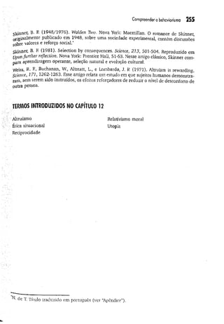 Compreender o behoviorismo 255
Skinner, B. F
. (1948/1976). Walden Two. Nova York: Macmillan. O romance de Skinner,
originalmente publicado em 1948, sobre uma sociedade experimental, contém discussões
sobre valores e reforço social.*
-'Skinner, B. E (1981). Selection by consequences. Science, 213, 501-504. Reproduzido em
Upunfurther reflection. Nova York: Prentice Hall, 51-63. Nesse artigo clássico, Skinner com­
para aprendizagem operante, seleção natural e evolução cultural,
/ VVeiss, R. E, Buchanan, W, Altstatt, i., e Lombardo, J. R (1971). Altruism is rewarding.
Science, 171, 1262-1263. Esse artigo reiata um estudo em que sujeitos humanos demonstra­
ram, sem terem sido instruídos, os efeitos reforçadores de reduzir o nívei de desconforto de
' outra pessoa.
TERMOS INTRODUZIDOS NO CAPITULO 12
Altruísmo
Ética situacional
Reciprocidade
Relativismo moral
Utopia
de T. Título traduzido em português (ver 'Apêndice”).
 