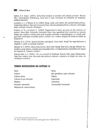 284 W
illiamM
. Boum
Lamal, P A. (org.). (1991). Behavioral analysis of societies and cultural practices. Bristol
(Pa.): Hemisphere Publishing. Esse livro é uma coletânea de trabalhos de analistas
comportamentais.
Lumsden, C. J. e Wilson, E. O. (1981). Genes, mind, and culture: the revolutionary process.
Cambridge (Mass.): Harvard University Press. Um dos primeiros livros a discutir a interação
entre evolução cultural e biológica.
Pulliam, H. R. e Dunford, C. (1980). Programmed to learn: an essay on the evolution of
culture. Nova York: Columbia University Press. Esse agradável livro entretém ao mesmo
tempo que explora o modo pelo qual os genes orientam a aprendizagem, e o modo pelo
qual essa orientação contribui para a cultura. Ver o relato original da lenda de Eslok no
Capítulo 8.
Skinner, B. F. (1971). Beyond freedom and dignity. Nova York: Knopf, Ver especialmente o
Capítulo 7, sobre a evolução cultural.*
Skinner B. F
. (1974), About behaviorism. Nova York: Knopf. Esse livro, em que Skinner res­
pondeu a seus críticos, contém uma discussão sobre o comportamento controlado por regras
no Capítulo 8, “Causas e razões”. ‘
Sommerville, C. J. (1982). The rise and fall of childhood, Beverly Hills: Sage Publications,
Esse livro contém uma discussão das práticas relativas a crianças, ao longo dos anos, na
civilização ocidental.
TERMOS INTRODUZIDOS NO CAPÍTULO 13
Alelo
Cultura
Cultura plena
Cultura só por imitação
Eficácia
Imitação aprendida
Máquina de sobrevivência
Mime
Pais genéticos e pais culturais
Prática
Replicador
Sociedade
Transmissão horizontal
"N. de T. Título traduzido em português (ver “A pêndice”).
 