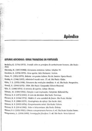 Apêndice
LEITURAS ADICIONAIS: OBRAS TRADUZIDAS EMPORTUGUÊS
Berkeley, G. (1710/1973). Tratado sobre os princípios do conhecimento humano. São Paulo:
.Abril
Chomsky, N. (1957/1980). Estruturas sintácticas. Lisboa: Edições 70.
Dawkins, R. (1976/1979). Gene egoísta. Belo Horizonte: Itatiaia.
Hesse, H. (1951/1970). Sídarta: um poema indiano. Rio de Janeiro: Opera Mundi.
Huxley, A. (1946/1997). Admirável mundo novo. 17. ed. São Paulo: Globo.
Kuhn, T. S. (1970/1996). Estrutura das revoluções científicas. 4. ed. São Paulo: Perspectiva.
Orwell, G. (1949/1976). 1984. São Paulo: Companhia Editora Nacional.
Ryle, G. (1949/1970). O conceito de espírito. Lisboa: Moraes.
Sidman, M. (1989/1995). Coerção e suas implicações. Campinas: Editorial Psy.
Skinner, B. F (1971/1983). O mito da liberdade. São Paulo: Summus.
Skinner, B. F
. (1948/1972). Walden II: uma sociedade do futuro. São Paulo: Herder.
Skinner, B. F (1969/1975). Contingências do reforço. São Paulo: Abril.
Skinner, B. F
. (1957/1978). Comportamento verbal. São Paulo: Cultrix.
Skinner, B, E (1974/1982). Sobre o behaviorismo. São Paulo: Cultrix.
Skinner, B. F
. (1953/1985). Ciência e comportamento humano. 6. ed. São Paulo: Martins Fontes.
Wittgenstein, L. (1958/1991). Investigações filosóficas. 5, ed. São Paulo: Nova Cultural.
 