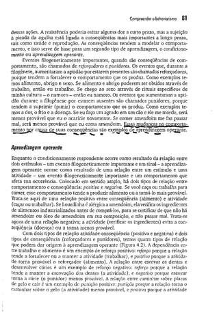 Compreendero behaviorismo 81
dessas ações. A resistência poderia evitar alguma dor a curto prazo, mas a sujeição
à picada da agulha está ligada a conseqüências mais importantes a longo prazo,
tais como saúde e reprodução. As conseqüências tendem a modelar o comporta­
mento, e isso serve de base para um segundo tipo de aprendizagem, o condiciona­
mento ou aprendizagem operante.
Eventos filogeneticamente importantes, quando são conseqüências de com­
portamento, são chamados de reforçadores epunidores. Os eventos que, durante a
•filogênese, aumentaram a aptidão por estarem presentes são chamados reforçadores,
porque tendem a fortalecer o comportamento que os produz. Como exemplos te­
mos alimento, abrigo e sexo. Se alimento e abrigo puderem ser obtidos através de
trabalho, então eu trabalho. Se chego ao sexo através de rituais específicos de
minha cultura - o namoro - então eu namoro. Os eventos que aumentaram a apti­
dão durante a filogênese por estarem ausentes são chamados punidores, porque
tendem a suprimir (punir) o comportamento que os produz. Como exemplos te­
mos a dor, o frio e a doença. Se eu faço um agrado em um cão e ele me morde, será
menos provável que eu o acaricie novamente. Se comer amendoim me faz passar
mal, será menos provável que eu coma amendoim. Essas mudanças no comporta­
mento s gr causa d eju as conseqüências são exemplos^d^aprendizagem operante.
Aprendizagem operante
Enquanto o condicionamento respondente ocorre como resultado da relação entre
dois estímulos - um evento filogeneticamente importante e um sinal - a aprendiza­
gem operante ocorre como resultado de uma relação entre um estímulo e uma
atividade - um evento filogeneticamente importante e um comportamento que
afeta sua ocorrência. Colocado em sentido amplo, há dois tipos de relação entre
comportamento e conseqüência: positiva e negativa. Se você caça ou trabalha para
comer, esse comportamento tende a produzir alimento ou a torná-lo mais provável.
Trata-se aqui de uma relação positiva entre conseqüência (alimento) e atividade
(caçar ou trabalhar). Se Lourdinha é alérgica a amendoim, ela verifica os ingredientes
de alimentos industrializados antes de comprá-los, para se certificar de que não há
amendoim ou óleo de amendoim em sua composição, e não passar mal. Trata-se
agora de um a relação negativa; a atividade (verificar os ingredientes) evita a con­
seqüência (doença) ou a torna menos provável.
Com dois tipos de relação atividade-conseqüência (positiva e negativa) e dois
tipos de conseqüência (reforçadores e punidores), temos quatro tipos de relação
que podem dar origem à aprendizagem operante (Figura 4.2). A dependência en­
tre trabalho e alimento e um exemplo de reforço positivo: reforço porque a relação
tende a fortalecer ou a m anter a atividade (trabalhar), e positivo porque a ativida­
de torna provável o reforçador (alimento). A relação entre escovar os dentes e
desenvolver cáries é um exemplo de reforço negativo: reforço porque a relação
tende a m anter a escovação dos dentes (a atividade), e negativo porque escovar
torna a cárie (o punidor) menos provável. A relação entre caminhar sobre placas
de gelo e cair é um exemplo de punição positiva: punição porque a relação torna o
caminhar sobre o gelo (a atividade) menos provável, e positiva porque a atividade
 