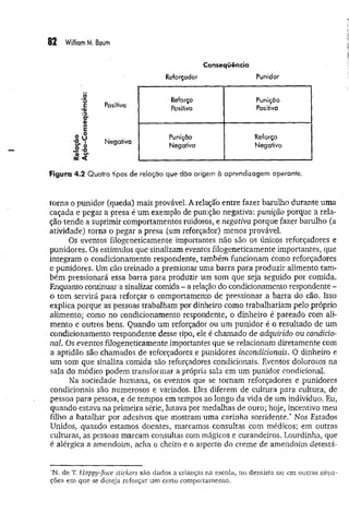 82 William M
. Baum
Conseqüência
Reforçador Punidor
D
Reforço
Positivo
Punição
Positiva
c Positiva
‘<
S
>
o
Negativa
Punição
Negativa
Reforço
Negativo
Figura 4.2 Quatro tipos de relação que dao origem à aprendizagem operante.
torna o punidor (queda) mais provável. A relaçao entre fazer barulho durante uma
caçada e pegar a presa é um exemplo de punição negativa: punição porque a rela­
ção tende a suprimir comportamentos ruidosos, e negativa porque fazer barulho (a
atividade) torna o pegar a presa (um reforçador) menos provável.
Os eventos filogeneticamente importantes não são os únicos reforçadores e
punidores. Os estímulos que sinalizam eventos filogeneticamente importantes, que
integram o condicionamento respondente, também funcionam como reforçadores
e punidores. Um cão treinado a pressionar uma barra para produzir alimento tam ­
bém pressionará essa barra para produzir um som que seja seguido por comida.
Enquanto continuar a sinalizar comida - a relação do condicionamento respondente -
o tom servirá para reforçar o comportamento de pressionar a barra do cão. Isso
explica porque as pessoas trabalham por dinheiro como trabalhariam pelo próprio
alimento; como no condicionamento respondente, o dinheiro é pareado com ali­
mento e outros bens. Quando um reforçador ou um punidor é o resultado de um
condicionamento respondente desse tipo, ele é chamado de adquiiido ou condicio­
nai Os eventos filogeneticamente importantes que se relacionam diretamente com
a aptidão são chamados de reforçadores e punidores incondicionais. O dinheiro e
um som que sinaliza comida são reforçadores condicionais. Eventos dolorosos na
sala do médico podem transformar a própria sala em um punidor condicional.
Na sociedade humana, os eventos que se tornam reforçadores e punidores
condicionais são numerosos e variados, Eles diferem de cultura para cultura, de
pessoa para pessoa, e de tempos em tempos ao longo da vida de um indivíduo. Eu,
quando estava na primeira série, lutava por medalhas de ouro; hoje, incentivo meu
filho a batalhar por adesivos que mostram uma carinha sorridente.* Nos Estados
Unidos, quando estamos doentes, marcamos consultas com médicos; em outras
culturas, as pessoas marcam consultas com mágicos e curandeiros. Lourdinha, que
é alérgica a amendoim, acha o cheiro e o aspecto do creme de amendoim detestá-
'N. de T. Happy-fcice stickers são dados a crianças na escola, no dentista ou em outras situa­
ções em que se deseja reforçar um certo comportamento.
 