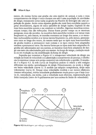 88 William M. Baum
mento, da mesma forma que girafas são uma espécie de animal, e todo o meu
comportamento de dirigir o carro durante um mês é um a população de atividades
de dirigir, exatamente como todas as girafas na Planície de Serengeti são uma po­
pulação de girafas. Assim como algumas girafas são mais bem-sucedidas quanto a
gerar descendentes, alguns de meus episódios de dirigir (ações; Capítulo 3) são
mais bem-sucedidos quanto a me conduzir ao trabalho. Algumas manobras econo­
mizam tempo; elas são reforçadas. Outras fazem perder tempo ou se m ostram
perigosas; essas são punidas. As manobras bem-sucedidas tendem a se tornar mais
freqüentes ou, pelo menos, se mantêm constantes ao longo dos meses, e as m ano­
bras malsucedidas tendem a se tornar menos freqüentes ou, pelo menos, perm ane­
cem raras ao longo dos meses, do mesmo modo que os tipos mais bem-sucedidos
de girafas tendem a permanecer mais comuns e os tipos menos bem adaptados
tendem a permanecer raros. Da mesma forma que os tipos mais bem adaptados de
girafas são selecionados por seu sucesso, as maneiras mais bem adaptadas de diri­
gir um carro são selecionadas pelo seu sucesso. Ao longo do tempo, a seleção resul­
ta ou em evolução ou em estabilização da forma de dirigir.
Suponha que tomemos a Figura 4.1 e coloquemos velocidade de dirigir em
relação ao limite de velocidade em substituição a comprimento de pescoço, e eficiên­
cia (economizar tempo sem perigo excessivo) em substituição a aptidão. O resulta­
do é a Figura 4.3. As três curvas de freqüência podem se referir a três estágios
diferentes em minha aprendizagem de dirigir. Primeiramente, eu tendo a dirigir
em baixa velocidade (curva 1). À medida, que adquiro competência, dirijo mais
velozmente (curva 2). Porque estas velocidades tendem a ser menos eficientes
(menos reforçadas), minha velocidade gradualmente muda para o que é hoje (cur­
va 3), coincidindo, em média, com a velocidade mais eficiente, representada pela
linha tracejada (cerca de 8 quilômetros por hora acima do limite de velocidade).
 