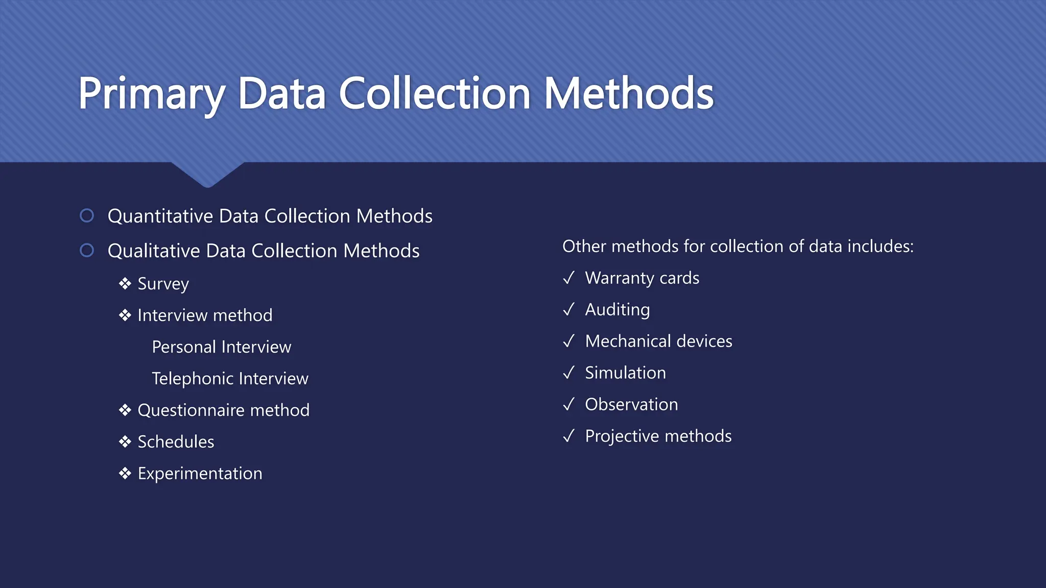 Primary Data Collection Methods
 Quantitative Data Collection Methods
 Qualitative Data Collection Methods
❖ Survey
❖ Interview method
Personal Interview
Telephonic Interview
❖ Questionnaire method
❖ Schedules
❖ Experimentation
Other methods for collection of data includes:
✓ Warranty cards
✓ Auditing
✓ Mechanical devices
✓ Simulation
✓ Observation
✓ Projective methods
 