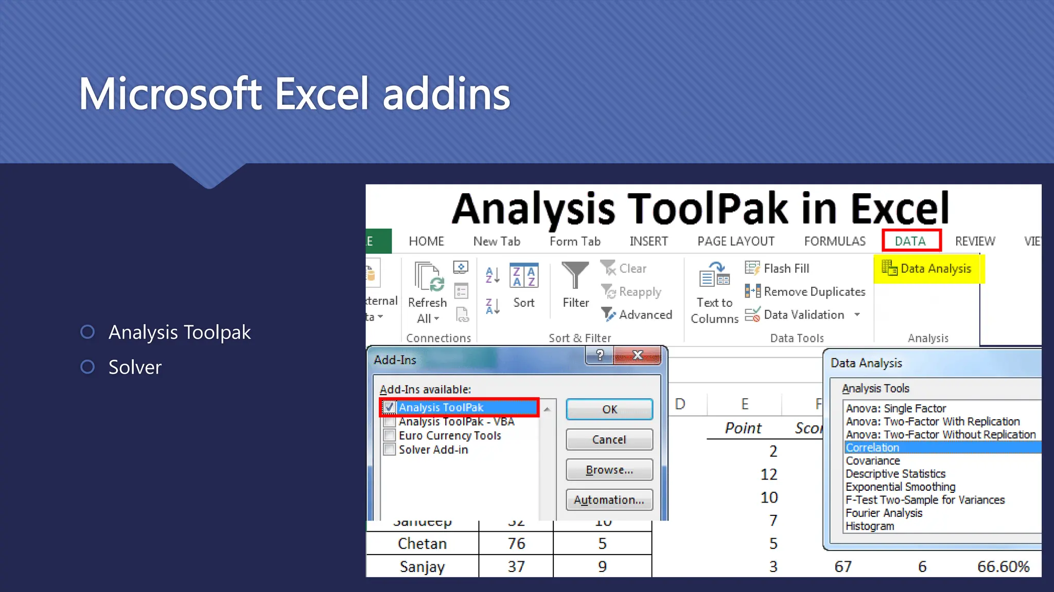 Microsoft Excel addins
 Analysis Toolpak
 Solver
 
