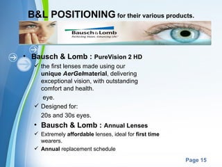 B&L POSITIONING for their various products.



• Bausch & Lomb : PureVision 2 HD
    the first lenses made using our
     unique AerGelmaterial, delivering
     exceptional vision, with outstanding
     comfort and health.
      eye.
    Designed for:
     20s and 30s eyes.
   • Bausch & Lomb : Annual Lenses
    Extremely affordable lenses, ideal for first time
     wearers.
    Annual replacement schedule
                     Powerpoint Templates
                                                         Page 15
 