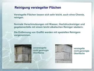 Reinigung versiegelter Flächen
Versiegelte Flächen lassen sich sehr leicht, auch ohne Chemie,
reinigen.
Normale Verschmutzungen mit Wasser, Hochdruckreiniger und
gegebenenfalls mit einem leicht alkalischen Reiniger säubern.
Die Entfernung von Graffiti werden mit speziellen Reinigern
vorgenommen.

unversiegelte
nicht gereinigte
Oberfläche

versiegelte
nicht gereinigte
Oberfläche

 