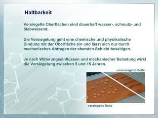 Haltbarkeit
Versiegelte Oberflächen sind dauerhaft wasser-, schmutz- und
ölabweisend.
Die Versiegelung geht eine chemische und physikalische
Bindung mit der Oberfläche ein und lässt sich nur durch
mechanisches Abtragen der obersten Schicht beseitigen.
Je nach Witterungseinflüssen und mechanischer Belastung wirkt
die Versiegelung zwischen 5 und 15 Jahren.
unversiegelte Seite

versiegelte Seite

 