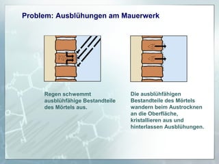 Problem: Ausblühungen am Mauerwerk

Regen schwemmt
ausblühfähige Bestandteile
des Mörtels aus.

Die ausblühfähigen
Bestandteile des Mörtels
wandern beim Austrocknen
an die Oberfläche,
kristallieren aus und
hinterlassen Ausblühungen.

 