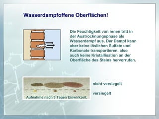 Wasserdampfoffene Oberflächen!
Die Feuchtigkeit von innen tritt in
der Austrocknungsphase als
Wasserdampf aus. Der Dampf kann
aber keine löslichen Sulfate und
Karbonate transportieren, also
auch keine Kristallisation an der
Oberfläche des Steins hervorrufen.

nicht versiegelt
Aufnahme nach 3 Tagen Einwirkzeit.

versiegelt

 