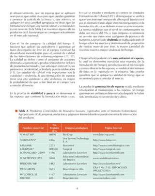 el almacenamiento, que las esporas que se apliquen
sean puras, que estén vivas para que puedan germinar
y penetrar la cutícula de la broca y, que además, se
apliquen en una cantidad apropiada; es decir, que las
formulaciones tengan una buena calidad y se manipulen
correctamente. En la Tabla 2 se muestran algunos de los
productos de B. bassiana que se consiguen actualmente
en el mercado nacional.
Con el fin de asegurar la calidad del hongo B.
bassiana que aplican los agricultores y garantizar un
buen desempeño de éste en el campo, Cenicafé ha
desarrollado metodologías para el control de calidad
de las formulaciones de entomopatógenos (13, 17).
La calidad se define como el conjunto de acciones
destinadas a garantizar la producción uniforme de lotes
de productos terminados, que satisfagan entre otros, los
parámetros de identidad, actividad y pureza establecidos
(11). Las pruebas de calidad más importantes son la
viabilidad y virulencia. Si una formulación de esporas
tiene una alta viabilidad y alta virulencia, es mayor
la probabilidad de que actúe bien en el campo para
controlar al insecto.
En la prueba de viabilidad y pureza se determina si
las esporas que contiene la formulación están vivas,
lo cual se establece mediante el conteo de Unidades
Formadoras de Colonia (UFC), al tiempo que se verifica
que el crecimiento corresponda al hongo B. bassiana o si
por el contrario existe algún otro microorganismo en la
formulación, el cual se definiría como un contaminante.
La norma establece que el nivel de contaminantes no
debe ser mayor del 5%, y bajo ninguna circunstancia
se permite que éstos sean patógenos de plantas o de
humanos. La prueba de virulencia se realiza aplicando el
hongo sobre los insectos y determinando la proporción
de brocas muertas por éste. A mayor cantidad de
insectos muertos mayor virulencia del hongo.
Otra prueba importante es la concentración de esporas,
la cual se determina tomando una muestra de la
formulación del hongo y por observación al microscopio
y conteo directo de las esporas, se establece si el número
de éstas es la registrada en la etiqueta. Esta prueba
garantiza que se aplique la cantidad de hongo que se
recomienda para controlar el insecto.
La prueba de germinación de esporas evalúa mediante
observación al microscopio, si las esporas del hongo
germinan en un tiempo determinado después de haber
sido sembradas en un medio de cultivo.
Tabla 2. Productos comerciales de Beauveria bassiana registrados ante el Instituto Colombiano
Agropecuario (ICA), empresa productora y página en Internet donde se puede encontrar la información
del producto.
Nombre comercial
No.
Registro
ICA
Empresa productora Página Internet
ADRAL®
WP 00392 Bio-Crop www.bio-crop.com
AGRONOVA®
4366
Live System Technology
S. A.
http://www.lstsa.com
BASSIANIL 2273 Biocontrol http://www.controlbiologico.com
BAUBASSIL®
001558 Fungicol http://www.fungicol.com
BOTANIGARD®
22WP 4166 Laboratorios Laverlam http://www.laverlamintl.com
BOVETROPICO WP 5860
Soluciones Microbianas
del Trópico
www.smdeltropico.com
BROCARIL WP 3412 Laboratorios Laverlam http://www.laverlam.net/
MUSCARDIN 5673 Bioecológicos Ltda.
CRA 6 No. 7-13. SOPO-CUND.
091/8570050/4
MYCOTROL SE 4167 Laboratorios Laverlam http://www.laverlamintl.com
MICOSIS 6051 Bioprotección www.elcriadero.com
4
 