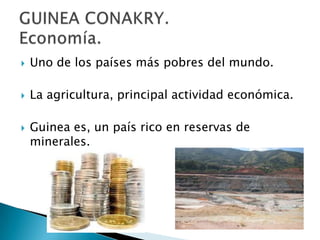    Uno de los países más pobres del mundo.

   La agricultura, principal actividad económica.

   Guinea es, un país rico en reservas de
    minerales.
 