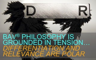 BAV® PHILOSOPHY IS
GROUNDED IN TENSION…
DIFFERENTIATION AND
RELEVANCE ARE POLAR
 