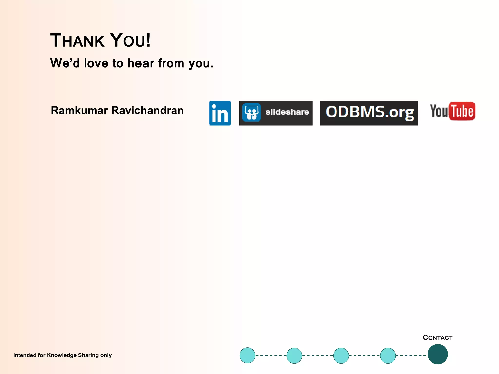 Intended for Knowledge Sharing onlyIntended for Knowledge Sharing only
CONTACT
THANK YOU!
We’d love to hear from you.
Ramkumar Ravichandran
 