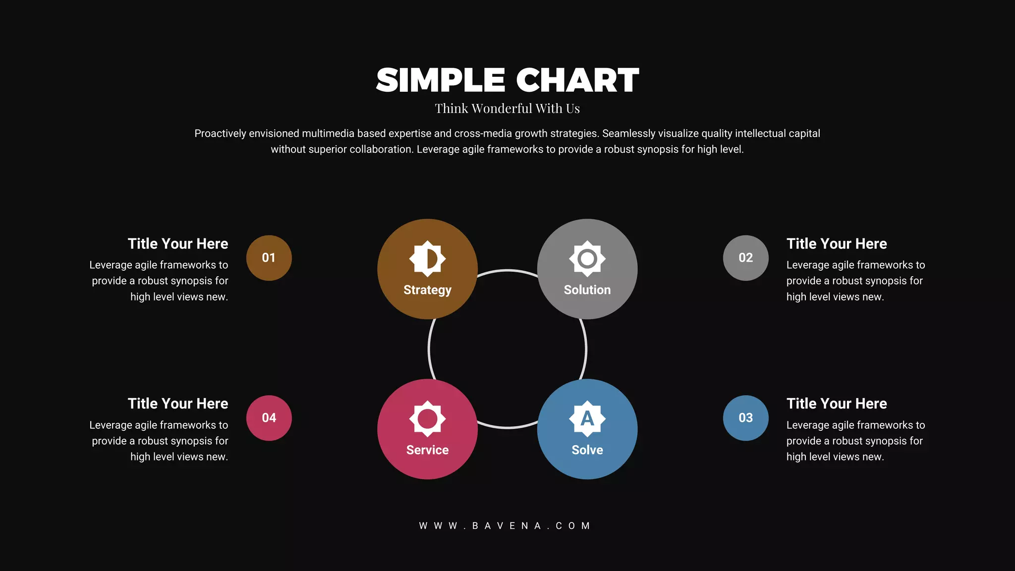 Strategy
Service
Solution
Solve
Title Your Here
Leverage agile frameworks to
provide a robust synopsis for
high level views new.
04
Title Your Here
Leverage agile frameworks to
provide a robust synopsis for
high level views new.
02
Title Your Here
Leverage agile frameworks to
provide a robust synopsis for
high level views new.
01
Title Your Here
Leverage agile frameworks to
provide a robust synopsis for
high level views new.
03
Proactively envisioned multimedia based expertise and cross-media growth strategies. Seamlessly visualize quality intellectual capital
without superior collaboration. Leverage agile frameworks to provide a robust synopsis for high level.
SIMPLE CHART
Think Wonderful With Us
W W W . B A V E N A . C O M
 