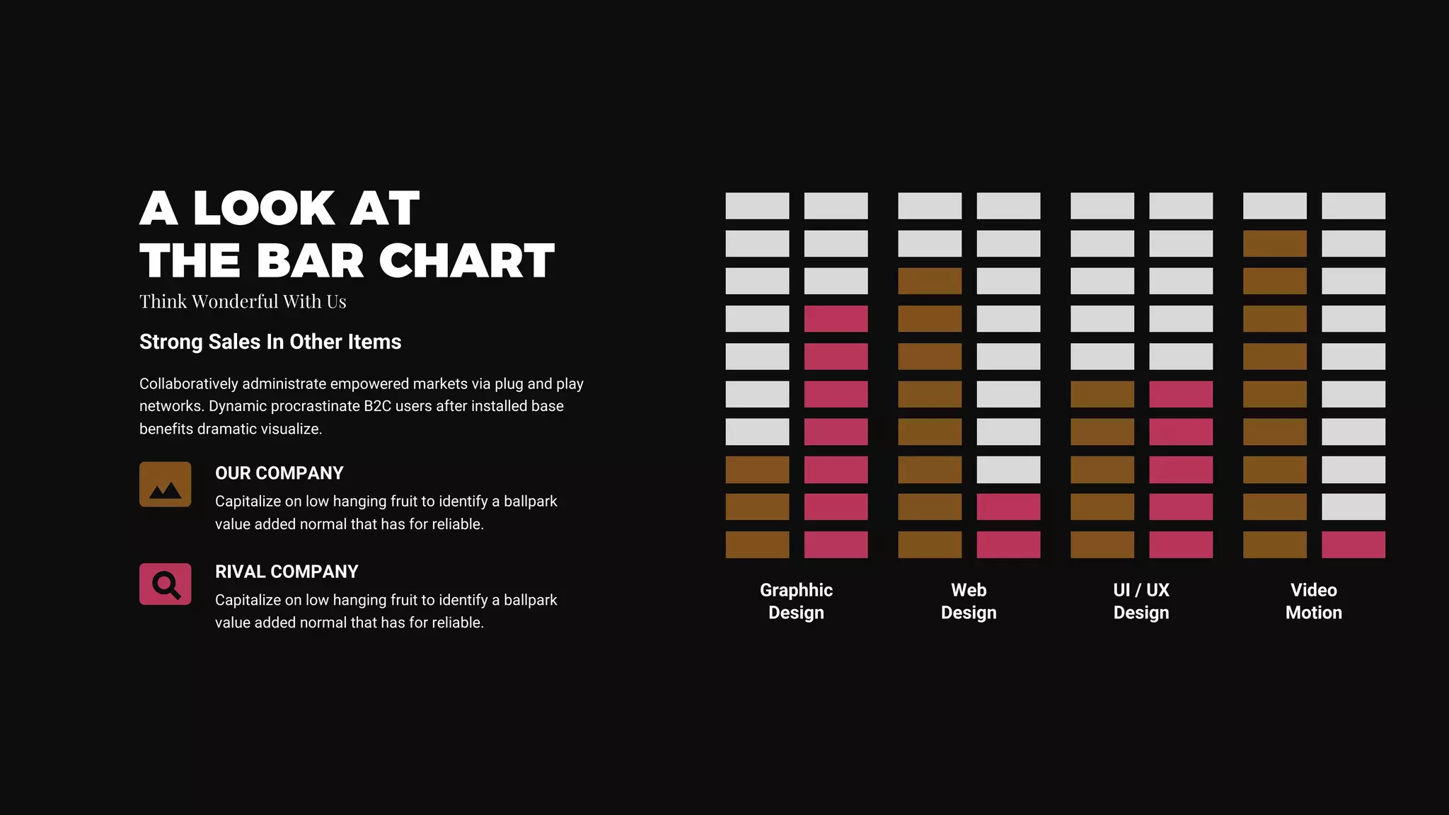 UI / UX
Design
Graphhic
Design
Web
Design
Video
Motion
OUR COMPANY
Capitalize on low hanging fruit to identify a ballpark
value added normal that has for reliable.
RIVAL COMPANY
Capitalize on low hanging fruit to identify a ballpark
value added normal that has for reliable.
Collaboratively administrate empowered markets via plug and play
networks. Dynamic procrastinate B2C users after installed base
benefits dramatic visualize.
Strong Sales In Other Items
A LOOK AT
THE BAR CHART
Think Wonderful With Us
 