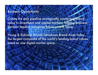 Business Opportunity

Create the only pipeline strategically connecting brand
value to investment and capital markets, helping business
decision leaders recognize future growth value.

Young & Rubicam Brands introduces Brand Asset Index,
the largest composite of the world’s leading brand values
listed on one digital market space.




                                                            11
 