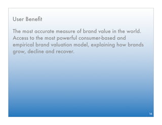 User Beneﬁt

The most accurate measure of brand value in the world.
Access to the most powerful consumer-based and
empirical brand valuation model, explaining how brands
grow, decline and recover.




                                                         16
 