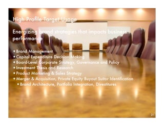 High Proﬁle Target Usage

Energizing brand strategies that impacts business
performance

•Brand Management
•Capital Expenditure Decision Making
•Board-Level Corporate Strategy, Governance and Policy
•Investment Thesis and Research
•Product Marketing & Sales Strategy
•Merger & Acquisition, Private Equity Buyout Suitor Identiﬁcation
 •Brand Architecture, Portfolio Integration, Divestitures




                                                                    21
 