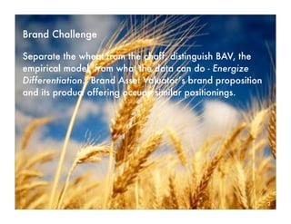 Brand Challenge

Separate the wheat from the chaff; distinguish BAV, the
empirical model, from what the data can do - Energize
Differentiation. Brand Asset Valuator’s brand proposition
and its product offering occupy similar positionings.




                                                            2
 