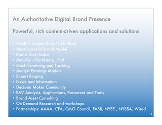 An Authoritative Digital Brand Presence

Powerful, rich content-driven applications and solutions

• World’s Largest Brand Data Base
• Most Powerful Brand Model
• Brand Asset Index
• Mobility - Blackberry, iPad
• Stock Screening and Tracking
• Analyst Earnings Models
• Expert Bloging
• News and Information
• Decision Maker Community
• BAV Analysis, Applications, Resources and Tools
• Brand Asset Consulting
• On-Demand Research and workshops
• Partnerships: AAAA, CFA, CMO Council, FASB, NYSE , NYSSA, Wired
                                                                    14
 