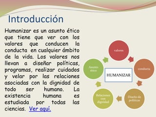 Introducción
valores
conducta
Diseño de
políticas
Relaciones
con
dignidad
Asunto
ético
HUMANIZAR
Humanizar es un asunto ético
que tiene que ver con los
valores que conducen la
conducta en cualquier ámbito
de la vida. Los valores nos
llevan a diseñar políticas,
programas, realizar cuidados
y velar por las relaciones
asociadas con la dignidad de
todo ser humano. La
existencia humana es
estudiada por todas las
ciencias. Ver aquí.
 
