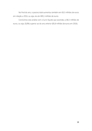 18
No final do ano, o passivo total aumentou também em 69,3 milhões de euros
em relação a 2016, ou seja, era de 489,1 milhões de euros.
Concluímos esta analise com o lucro líquido que ascendeu a 86,5 milhões de
euros, ou seja, (0,8%) superior ao do ano anterior (85,8 milhões de euros em 2016).
 
