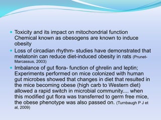  Toxicity and its impact on mitochondrial function
  Chemical known as obesogens are known to induce
  obesity
 Loss of circadian rhythm- studies have demonstrated that
  melatonin can reduce diet-induced obesity in rats (Prunet-
  Marcassus, 2003)
 Imbalance of gut flora- function of ghrelin and leptin;
  Experiments performed on mice colonized with human
  gut microbes showed that changes in diet that resulted in
  the mice becoming obese (high carb to Western diet)
  allowed a rapid switch in microbial community.... when
  this modified gut flora was transferred to germ free mice,
  the obese phenotype was also passed on. (Turnbaugh P J et
  al, 2009)
 