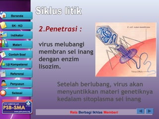 2.Penetrasi :

virus melubangi
membran sel inang
dengan enzim
lisozim.

     Setelah berlubang, virus akan
     menyuntikkan materi genetiknya
     kedalam sitoplasma sel inang

         Rela Berbagi Ikhlas Memberi
 