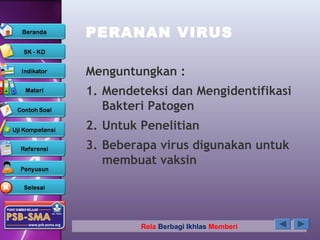PERANAN VIRUS

Menguntungkan :
1. Mendeteksi dan Mengidentifikasi
   Bakteri Patogen
2. Untuk Penelitian
3. Beberapa virus digunakan untuk
   membuat vaksin




         Rela Berbagi Ikhlas Memberi
 