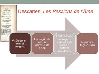Visão de um
animal
perigoso
Liberação de
esprits
animaux da
pineal
Efeito sobre o
coração,
músculos da
perna e
sistema
circulatório
Resposta
fuga-ou-luta
Descartes: Les Passions de l’Âme
 