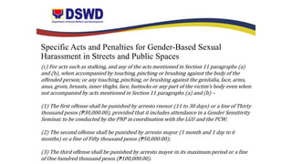 Specific Acts and Penalties for Gender-Based Sexual
Harassment in Streets and Public Spaces
(c) For acts such as stalking, and any of the acts mentioned in Section 11 paragraphs (a)
and (b), when accompanied by touching, pinching or brushing against the body of the
offended person; or any touching, pinching, or brushing against the genitalia, face, arms,
anus, groin, breasts, inner thighs, face, buttocks or any part of the victim’s body even when
not accompanied by acts mentioned in Section 11 paragraphs (a) and (b) –
(1) The first offense shall be punished by arresto rnenor (11 to 30 days) or a line of Thirty
thousand pesos (₱30,000.00), provided that it includes attendance in a Gender Sensitivity
Seminar, to be conducted by the PNP in coordination with the LGU and the PCW;
(2) The second offense shall be punished by arresto mayor (1 month and 1 day to 6
months) or a fine of Fifty thousand pesos (₱50,000.00);
(3) The third offense shall be punished by arresto mayor in its maximum period or a fine
of One hundred thousand pesos (₱100,000.00).
 