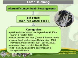 Latar Belakang
Biji Botani
(TSS=True Shallot Seed )
Keunggulan:
● produktivitas tanaman meningkat (Basuki, 2009
Currah & Proctor, 1990)
● bebas penyakit dan virus (Currah & Proctor, 1990)
● volume benih lebih rendah (Ridwan et al., 1989;
Permadi & Putrasamedja, 1991; Basuki, 2009)
● menekan biaya produksi (Basuki, 2009)
● tidak memerlukan gudang penyimpanan &
transportasi khusus
Alternatif sumber benih bawang merah
 